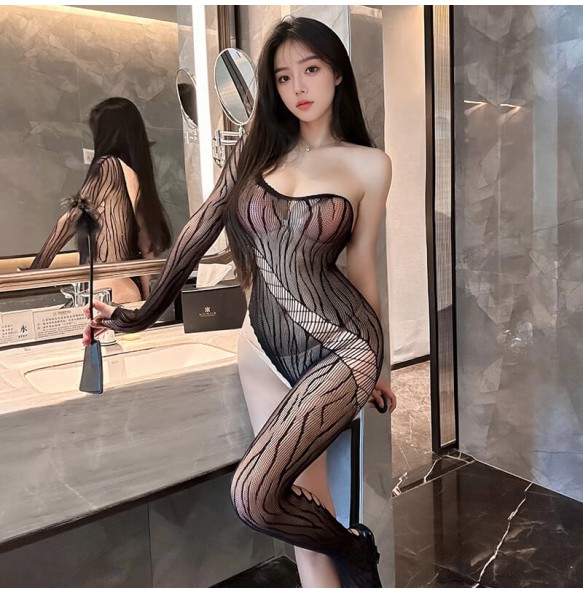 FEE ET MOI - One-Sleeve Asymmetric Mesh Bodystocking (Black)